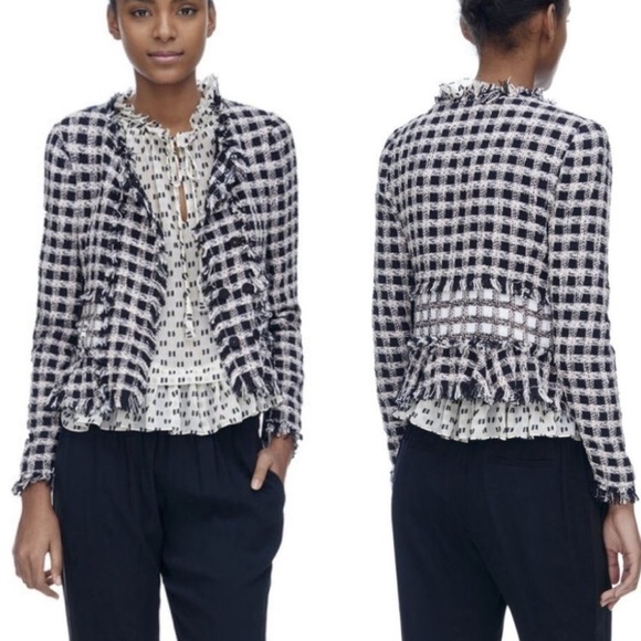 Rebecca Taylor Plaid Tweed Blazer Size 2 Women’s Ivory Black Colorblock Cotton - Picture 1 of 13